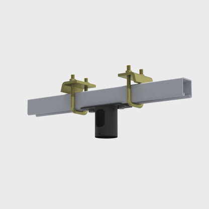 Beam clamp for 1-1/2 inch pipe rotating 360 degrees, showing both yellow zinc beam clamps, the full 18 inch electro galvanized strut channel and the black pipe socket from every side.