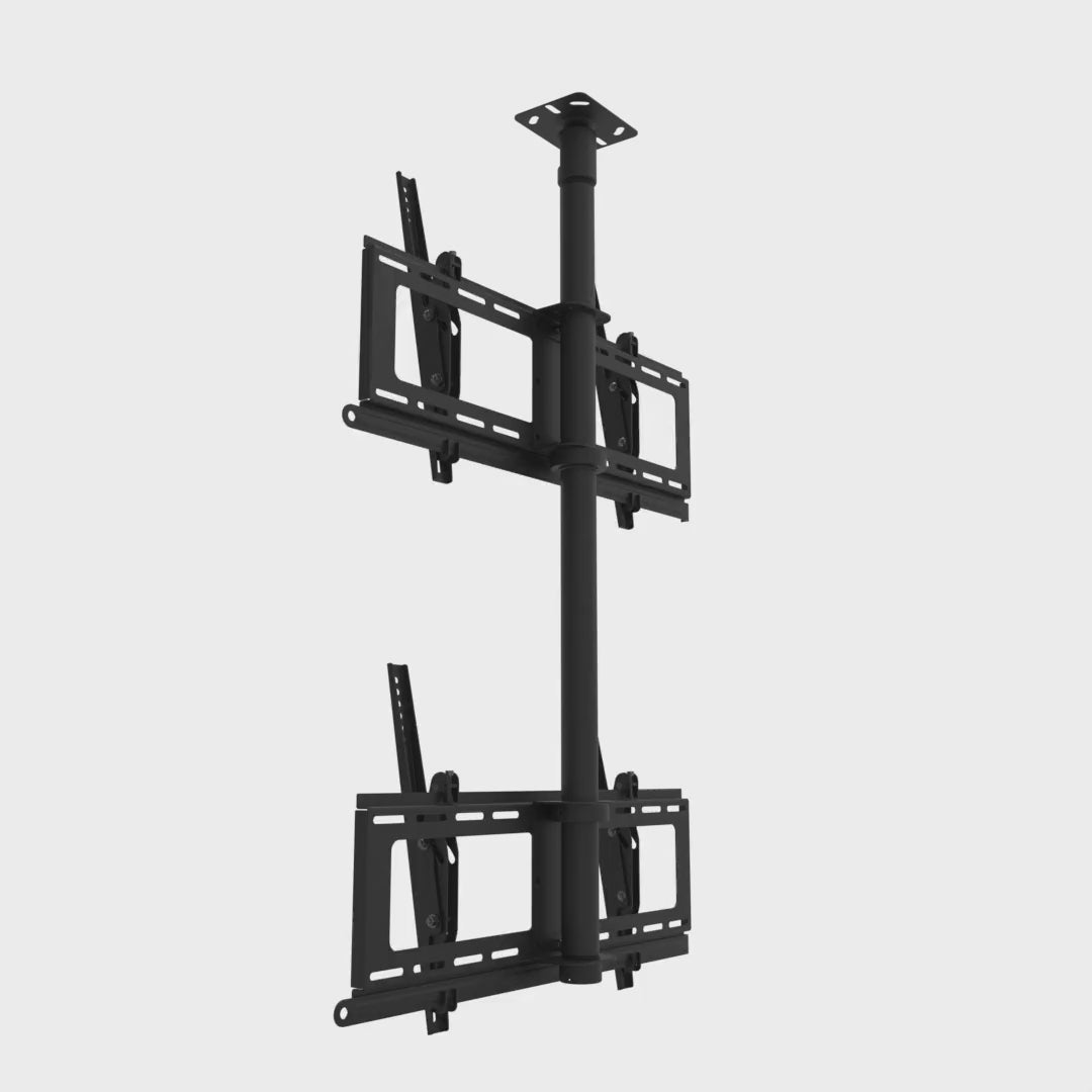 Dual-screen TV ceiling mount: both tilting heads swivel a full circle around the fixed ceiling plate and 39 inch pipe, one above the other.