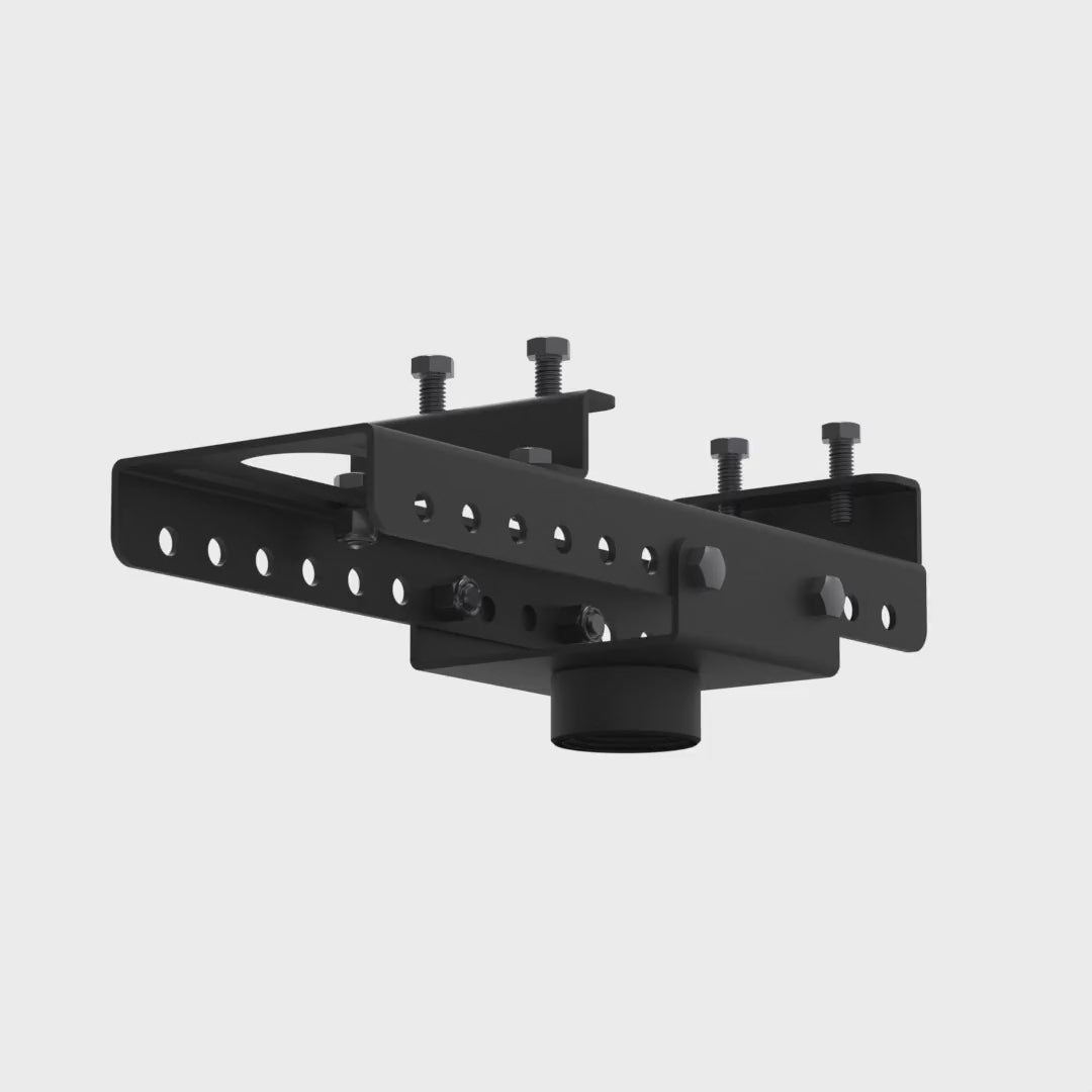 IBA-1 I-beam adapter without the VMP plate rotating 360 degrees, showing the adjustable beam clamp and the 1-1/2 inch pipe collar.