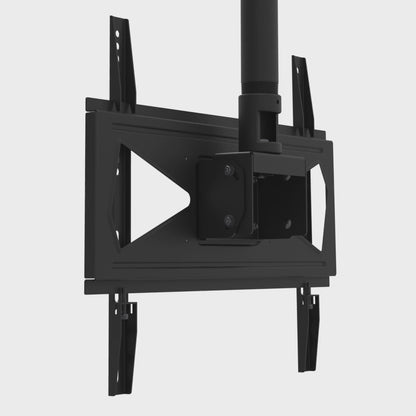 Close view of a TV ceiling mount head tilting from level to 12 degrees, hanging from its mast, which runs up out of frame.