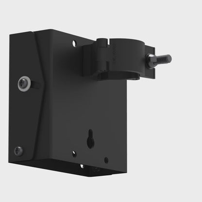 Small TV truss mount rotating 360 degrees, showing the hook clamp that grips the pipe and the tilting VESA plate below it.