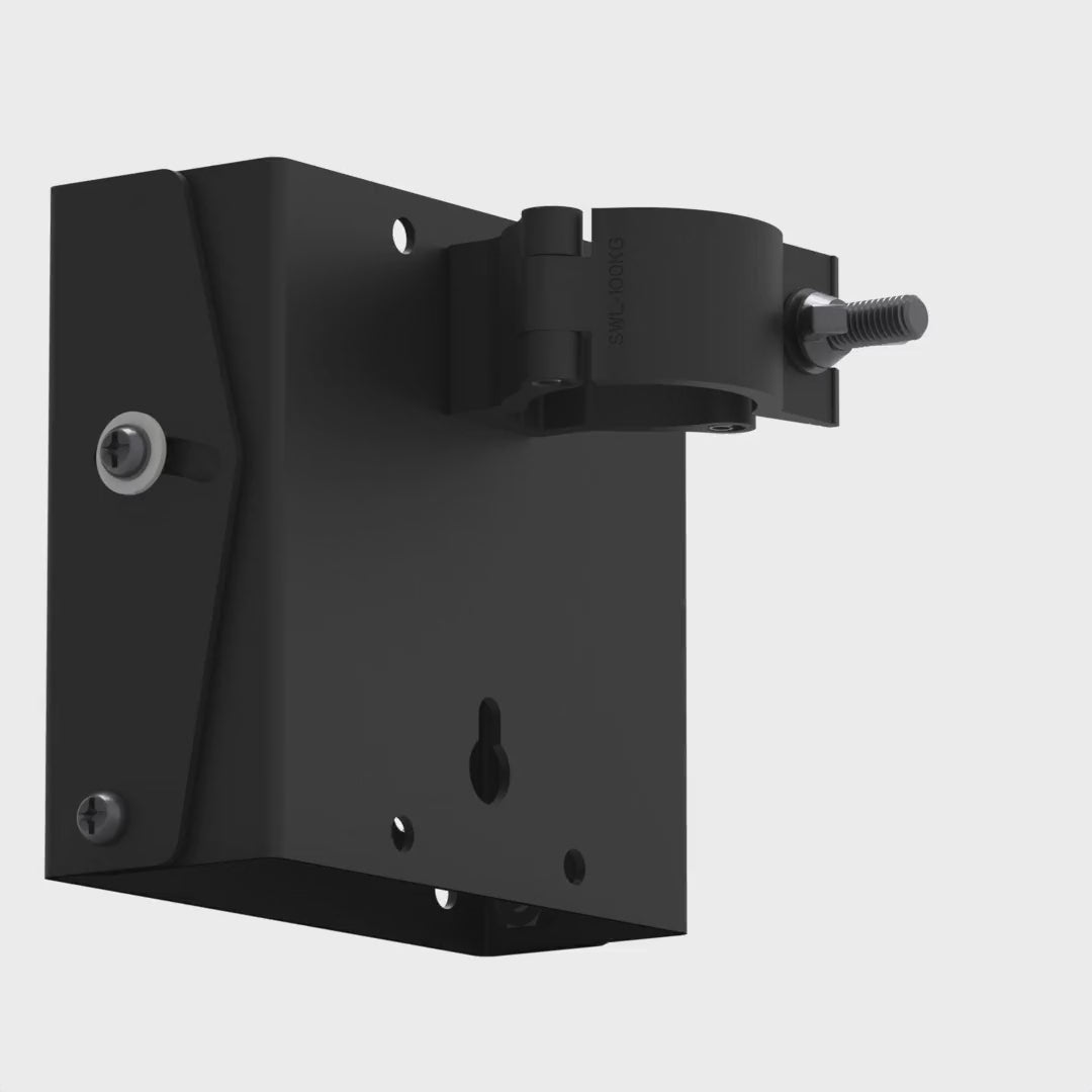 Small TV truss mount rotating 360 degrees, showing the hook clamp that grips the pipe and the tilting VESA plate below it.