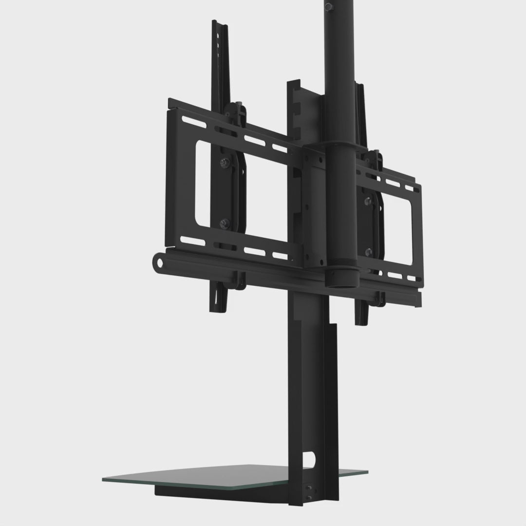 TV head tilting from flat to 10 degrees on its twin rails while the bolt-on black glass shelf below stays still, hanging from a mast that runs up out of the top of the frame.