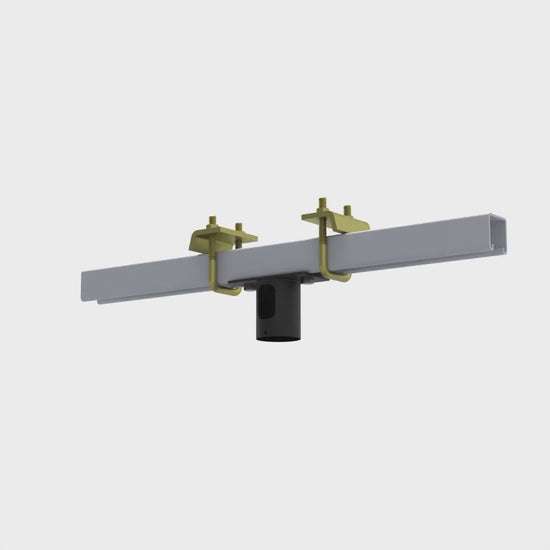 Beam clamp for 1-1/2 inch pipe rotating 360 degrees, showing both yellow zinc beam clamps, the full 24 inch electro galvanized strut channel and the black pipe socket from every side.