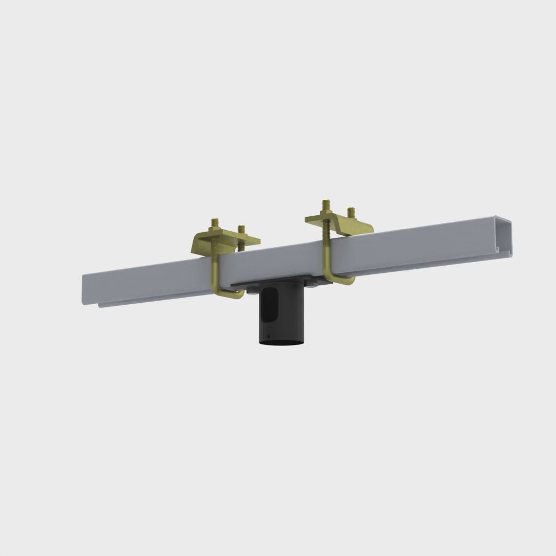 Beam clamp for 1-1/2 inch pipe rotating 360 degrees, showing both yellow zinc beam clamps, the full 24 inch electro galvanized strut channel and the black pipe socket from every side.