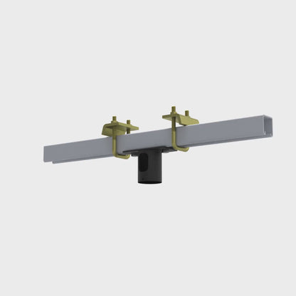 Beam clamp for 1-1/2 inch pipe rotating 360 degrees, showing both yellow zinc beam clamps, the full 24 inch electro galvanized strut channel and the black pipe socket from every side.