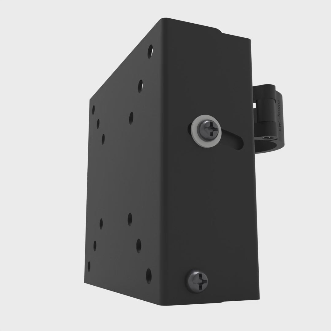 Small TV truss mount tilting from level down to 15 degrees, back up through level to 5 degrees, and returning level, while the pipe clamp stays fixed.