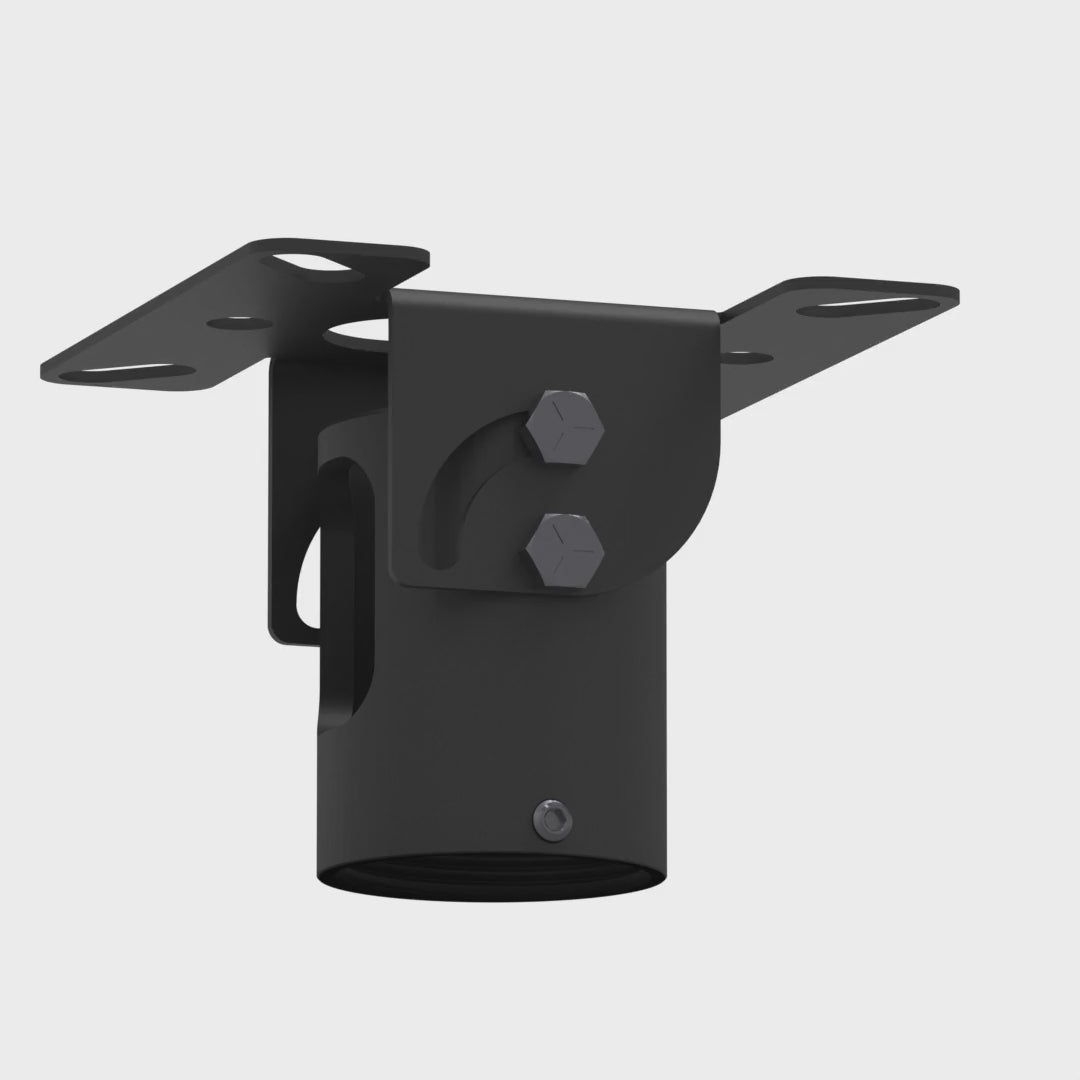 11AC005 ceiling mount tilting from flat to 90 degrees, with the pole socket held plumb while the flange swings.