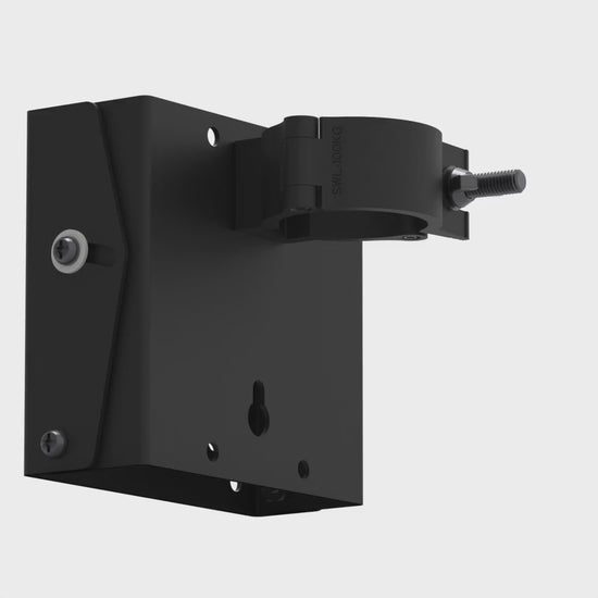 Small TV truss mount rotating 360 degrees, showing the hook clamp that grips the pipe and the tilting VESA plate below it.