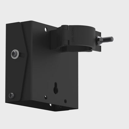 Small TV truss mount rotating 360 degrees, showing the hook clamp that grips the pipe and the tilting VESA plate below it.
