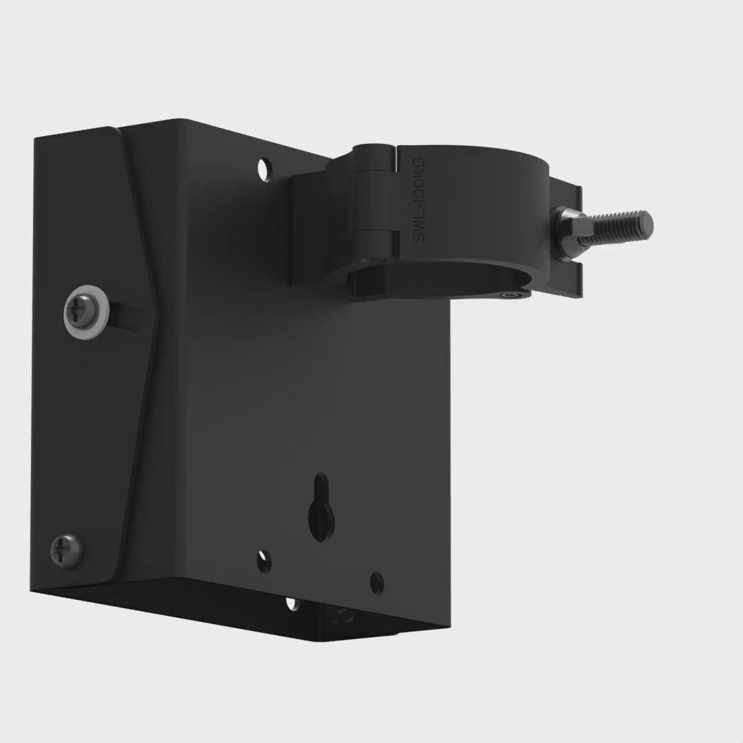 Small TV truss mount rotating 360 degrees, showing the hook clamp that grips the pipe and the tilting VESA plate below it.