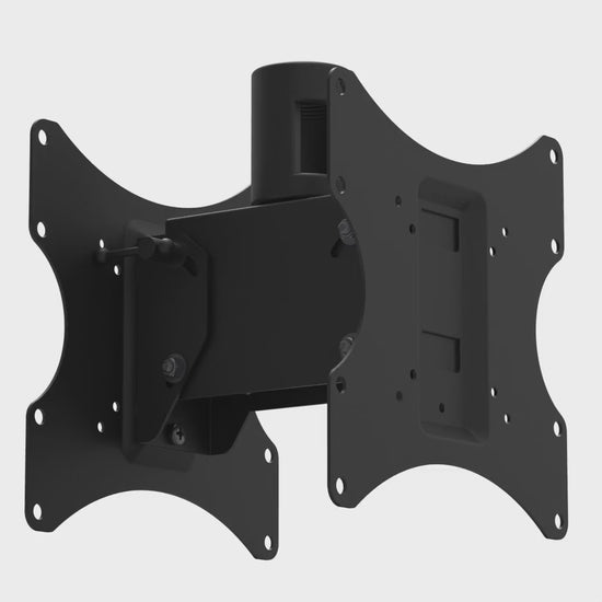 22HE021 back-to-back TV mount head rotating 360 degrees, showing the pipe socket and both outward-facing VESA plates.