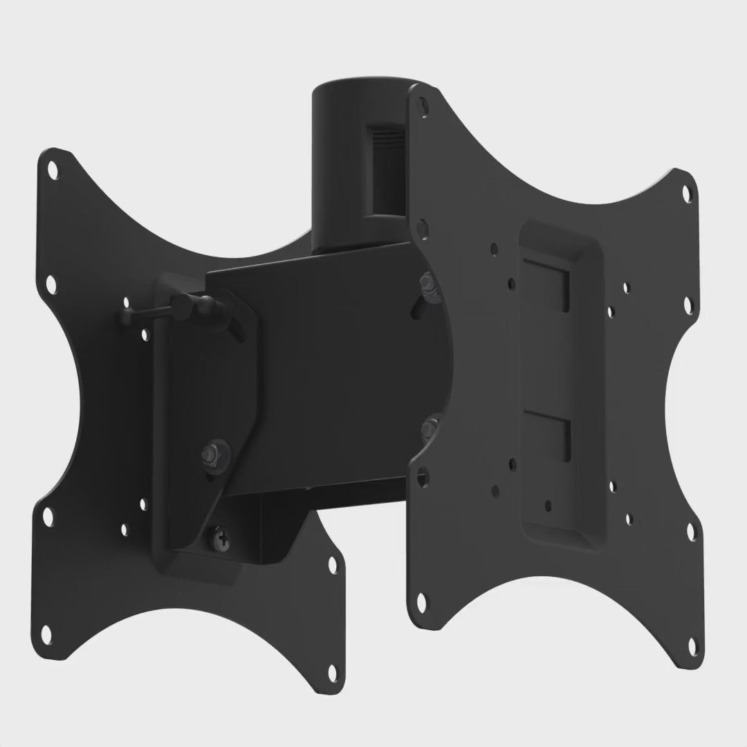 22HE021 back-to-back TV mount head rotating 360 degrees, showing the pipe socket and both outward-facing VESA plates.