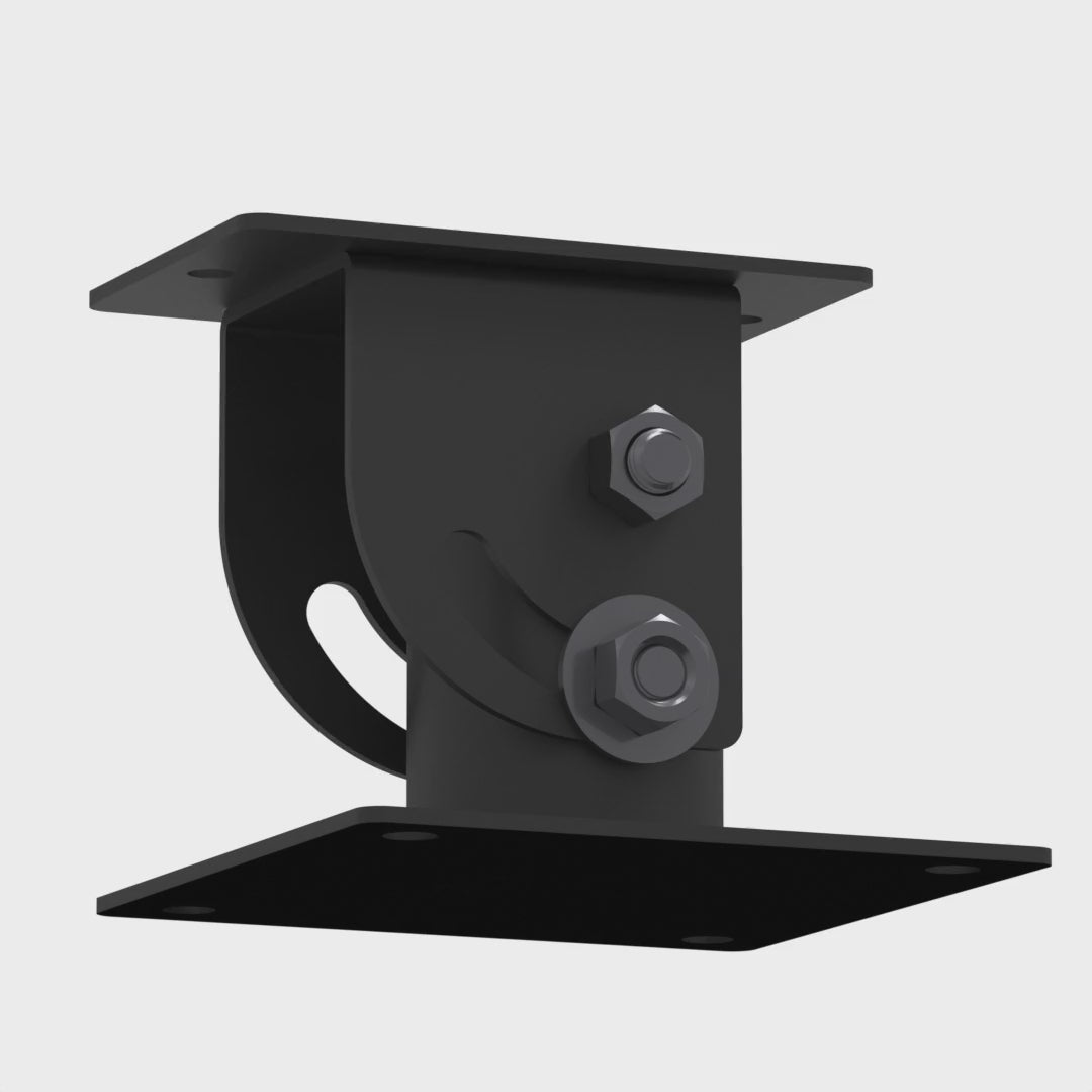 Cathedral ceiling adapter swinging its ceiling plate from flat to 60 degrees of slope along the curved slot, while the 1-1/2 inch pipe socket stays plumb.