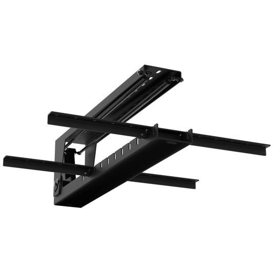 33FD001 folding ceiling mount, angled view of the black arm and gas strut partly opened above the VESA rails and ceiling bracket