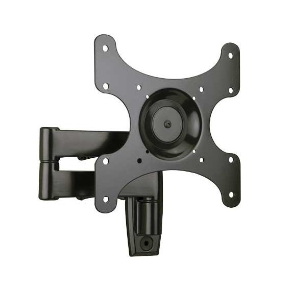 VSF415 front view of the black VESA plate with the double articulating arm folded to the left and the central tilt swivel hub