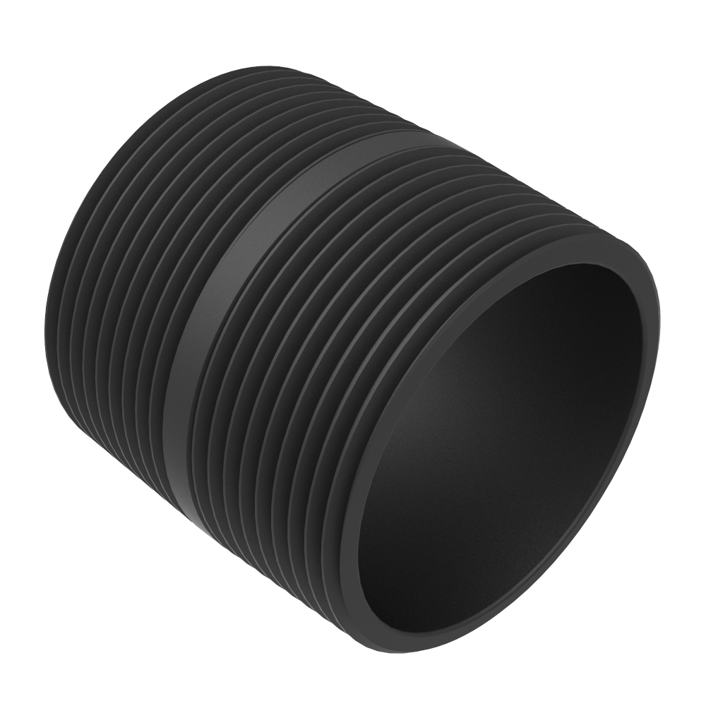 112-NPT-PIPE-Close 3D render of the short fully threaded black steel close nipple, angled view showing the open bore, 1-1/2 inch NPT