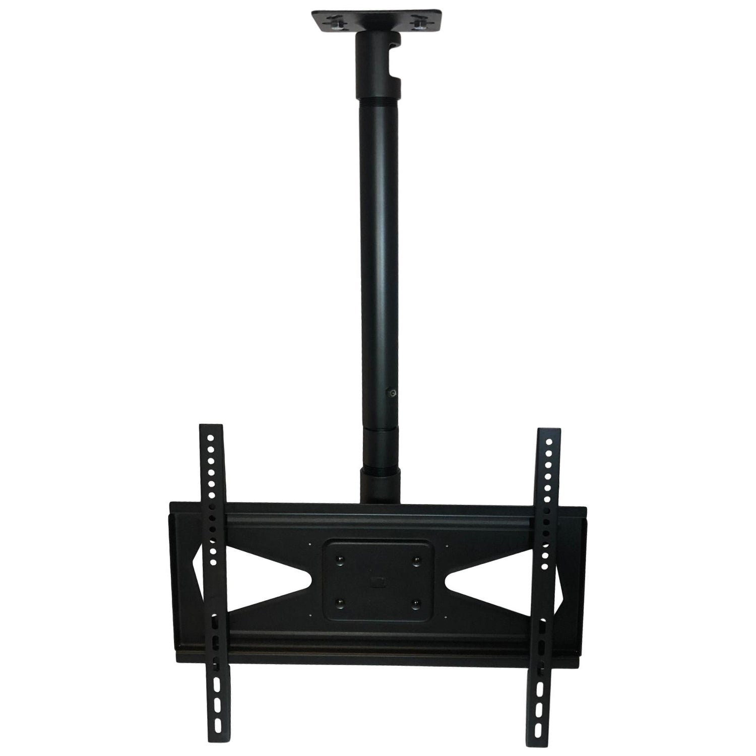 33CE016 tilt-and-rotate TV ceiling mount, fully assembled with ceiling plate, adjustable-drop pole, and wide VESA bracket, front view