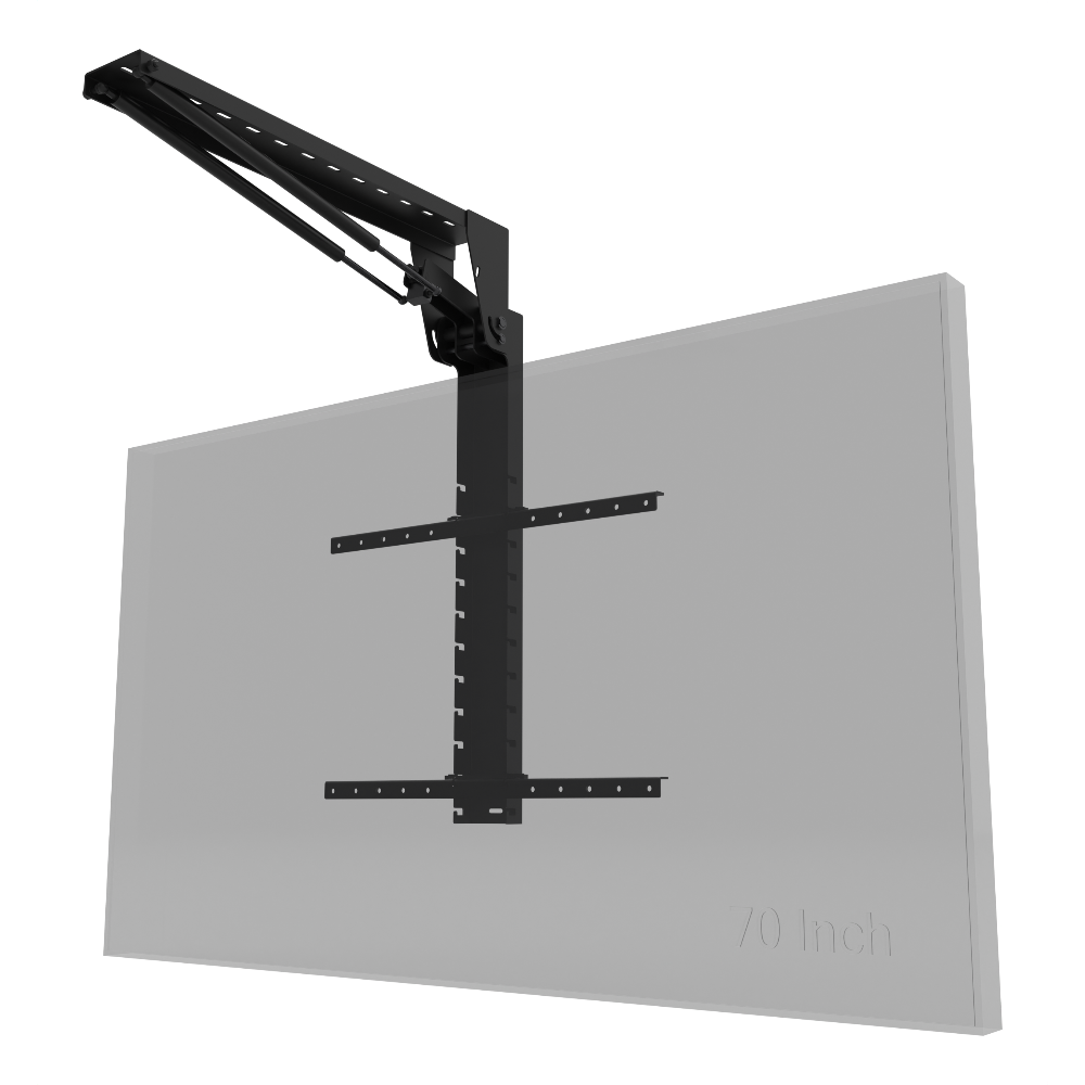 fold up tv ceiling mount with simulated 70 inch screen. Corner perspective view