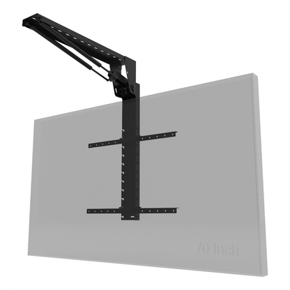 fold up tv ceiling mount with simulated 70 inch screen. Corner perspective view