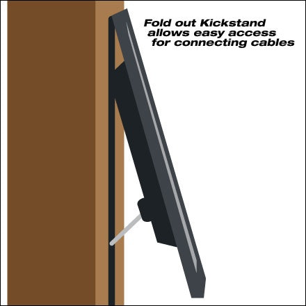 33LE001 feature graphic: side view of the TV tilted out on its fold-out kickstand for easy access to connect cables behind the panel